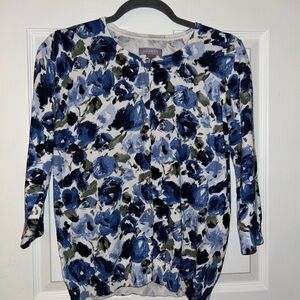 Floral Cardigan Sweater - Blue and Gray 3/4 Length Sleeve Small